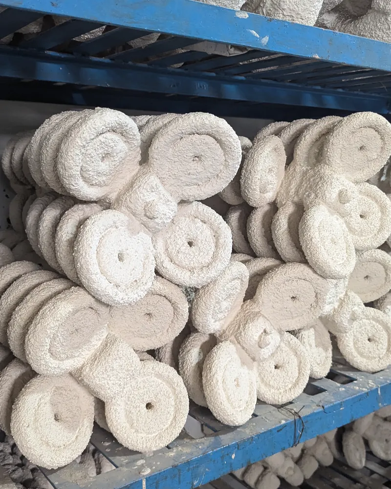 Round white ceramic shell moulds stacked on blue steel shelving.